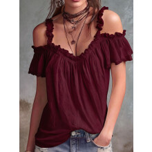 Women Cold Shoulder Ruffle Trim Top V Neck Short Sleeve Casual Blouse Wine Red XL
