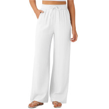 Women'S High Waist Drawstring Wide Leg Linen Blend Casual Pants with Pockets White S
