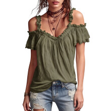 Women Cold Shoulder Ruffle Trim Top V Neck Short Sleeve Casual Blouse Army Green XL