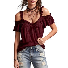 Women Cold Shoulder Ruffle Trim Top V Neck Short Sleeve Casual Blouse Wine Red L