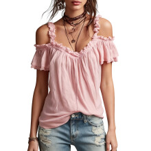 Women Cold Shoulder Ruffle Trim Top V Neck Short Sleeve Casual Blouse XXL
