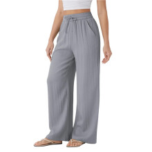 Women'S High Waist Drawstring Wide Leg Linen Blend Casual Pants with Pockets Gray S