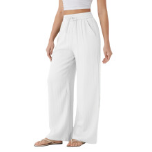 Women'S High Waist Drawstring Wide Leg Linen Blend Casual Pants with Pockets White XXXL