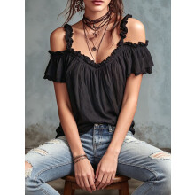 Women Cold Shoulder Ruffle Trim Top V Neck Short Sleeve Casual Blouse Black M