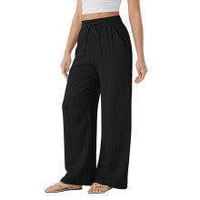 Women'S High Waist Drawstring Wide Leg Linen Blend Casual Pants with Pockets Black M