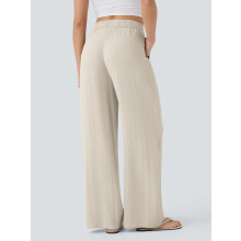 Women'S High Waist Drawstring Wide Leg Linen Blend Casual Pants with Pockets Apricot Color L
