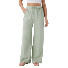 Women'S High Waist Drawstring Wide Leg Linen Blend Casual Pants with Pockets Light Green L