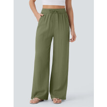 Women'S High Waist Drawstring Wide Leg Linen Blend Casual Pants with Pockets Olive Green XL
