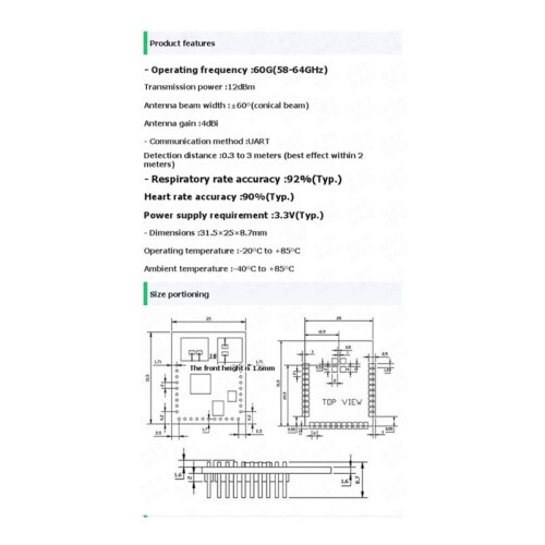 60GHz Millimeter Wave  Module LD6003 Respiratory Heart Rate Detection Module Human Presence Sensor for  Home