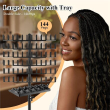 Braiding Rack with Tray, 144 Pegs Height Adjustable, 2-Side Hair Extension Holder, Hair Stand with Stylist Tools Black