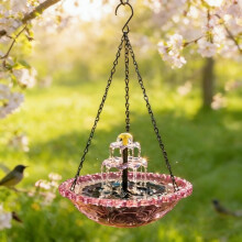 (Pink, -) Ηλιακό κρεμαστό λουτρό πουλιών – τρεχούμενο νερό για αυλή, βεράντα & κήπο