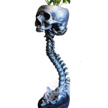 Resin Skull Planter & Spine Stand Set, Polyresin Skulls Pot, Halloween Decoration Retro Human Skull  Flower, Silver