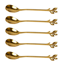 Coffee Stirring Spoon Stainless Steel Branch Leaves Shape Cutlery Dessert Spoon Jam Ice Cream Tea Spoon,Gold(5pcs)