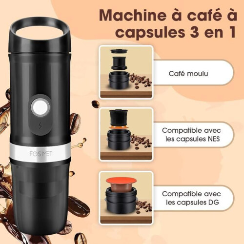 Macchina da caffè portatile 12V 100ml per capsule e caffè macinato, nera, compatta, ideale per i viaggi. 1