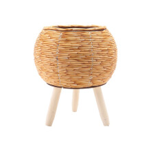 Vintage Imitation Rattan Woven Flower Shelf Planters Handmade Storage Basket with Wooden Legs Plant Pot Stand Holder,A