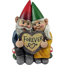 World of Wonders Gnome & Forever - Adorable Hand-Painted Gnome Couple in Love with Heart-Shaped Forever Wood Slice Indoor Outdoor Figur