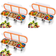 3X Recipientes de Aço Inoxidável para Lanches com Tampas, Recipientes de Metal para Lanches, Recipiente para Alimentos com 3 Compartimentos,