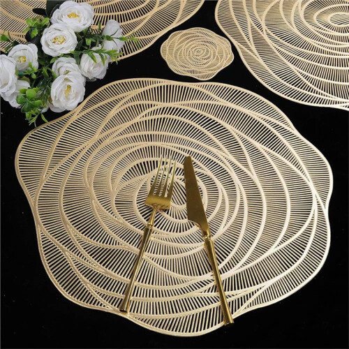 12pcs Fanquare Gold Round Placemats and Coasters Rose Pattern for Dining Decor