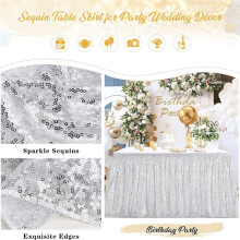 6Ft Table Skirt for Round Rectangle Square Table Sequin Tablecloth for Birthday Party Family Baby Shower Silver