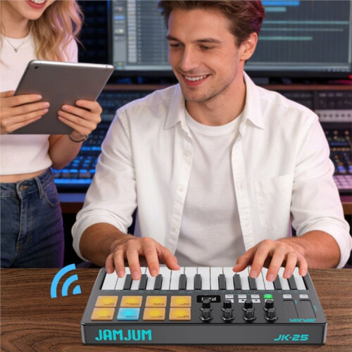 JAMJUM MIDI Control Keyboard with Drum Pad/Knob, Wireless MIDI Controller with 25 Velocity Sensitive Keys 8 RGB Backlit 2