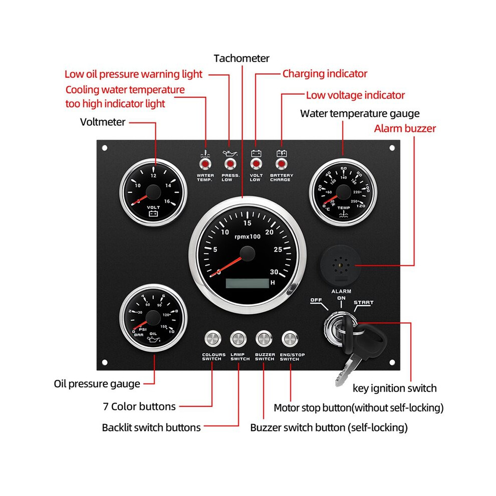 4 Gauge Set Panel 85Mm Tachometer 0-3000Rpm For Car Boat 7 Color Led Water Temp Volt Oil Press Dashboard 12V 4711147548237