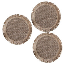 Set di 3 Tovagliette Rotonde In Carta Intrecciata Fatta A Mano con Bordo A Nappine, Antiscivolo, Colore Marrone.