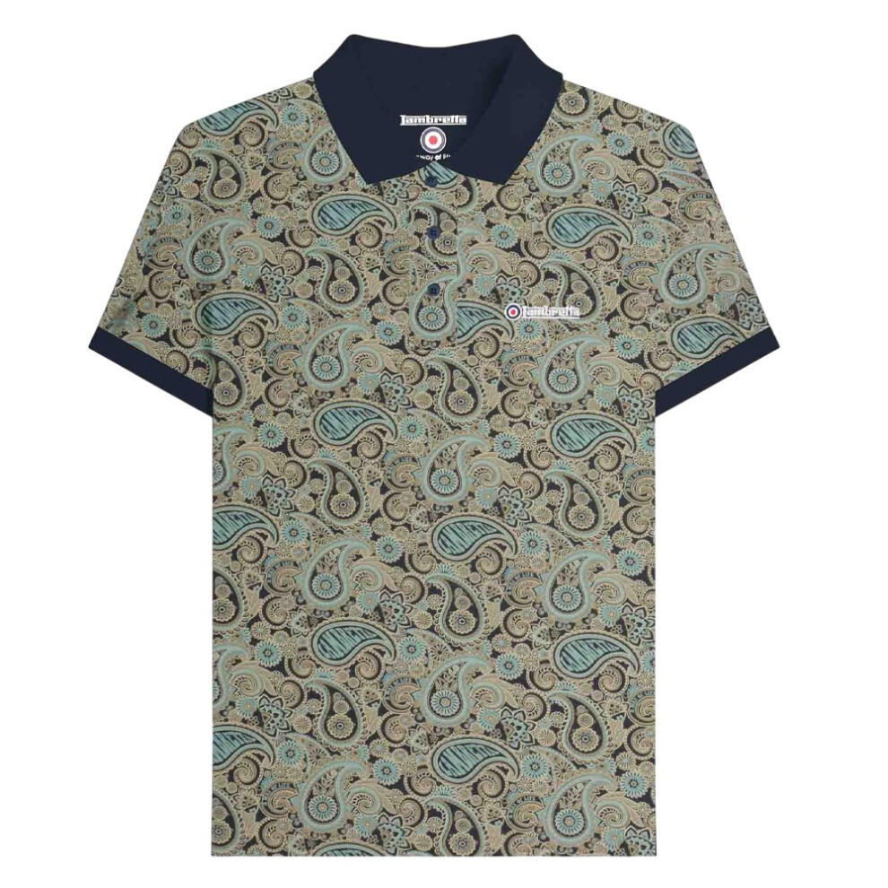 Lambretta (Xxl, Navy/Cameo ) Mens Ss25 Paisley Branded Polo Shirt Blue