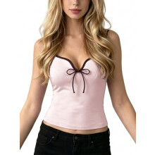 (S, Pink) Women's Sleeveless Camisole Stylish Contrast Color Trim Sweetheart Neck Slim Fit Spaghetti Strap Tank Tops