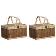 2X Bamboo Basket Natural -Friendly Woven Basket Bamboo Picnic Basket with Lid Handheld Snacks Bread Storage Basket