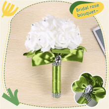 5X Schoene Hochzeits-Blumenstrauss Blumenhochzeitsstrauss Kuenstliche Blume Rose Weisser Brautstraeusse mit Gruener Band