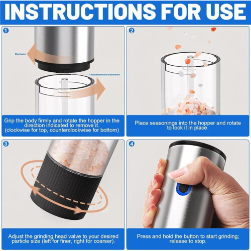 Moinho Elétrico de Sal e Pimenta Recarregável Via USB com Recipiente de 80ml e Ajuste de Moagem 2