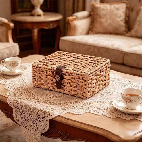 Wicker Storage Basket with Lid, Natural Seagrass Rectangular Woven Basket, Storage Boxes for Shelf Decor,for Home Large