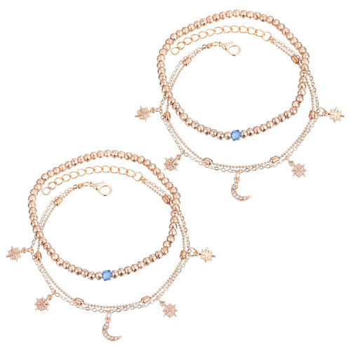 2 Sets/4pcs Beaded Stars And Moon Anklets Miss Multi-Layer Vintage