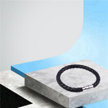 4X Schmuck Armband, Leder Edelstahl, Geflochten Echtleder Armreif, Fuer Herren Damen, Schwarz - Breite 6mm - Laenge 18cm