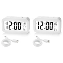 2X Rechargeable Alarm Clocks, Digital Alarm Clocks Bedside Mains Powered with Light Sensor, 12/24Hours Date White