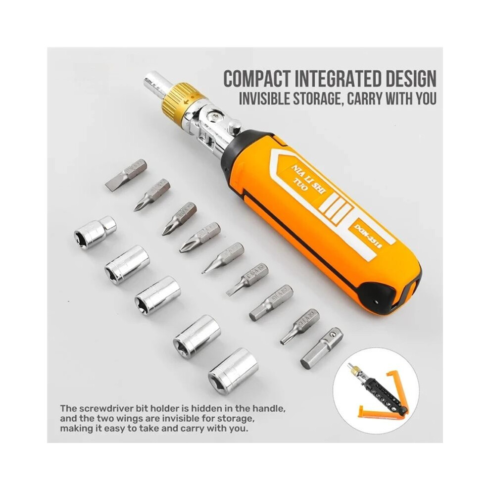 14 In 1 Multi-Function Rotary Ratchet Screwdriver Set With Torx & Bits Yellow 4714060042424