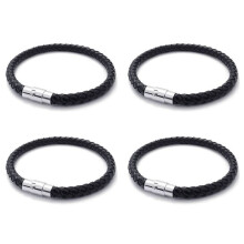 4X Stainless Steel Leather Bracelet, Braided Leather Bracelet, for Men Women, Black - Width 6mm - Length 23cm