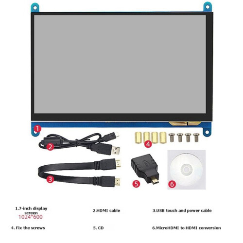 Monitor com Tela Sensível Ao Toque de 7 Polegadas, Resolução IPS (1024x600), Encaixe Perfeito e Interface  Compatível com para Raspberry Pi 5, 4, 2