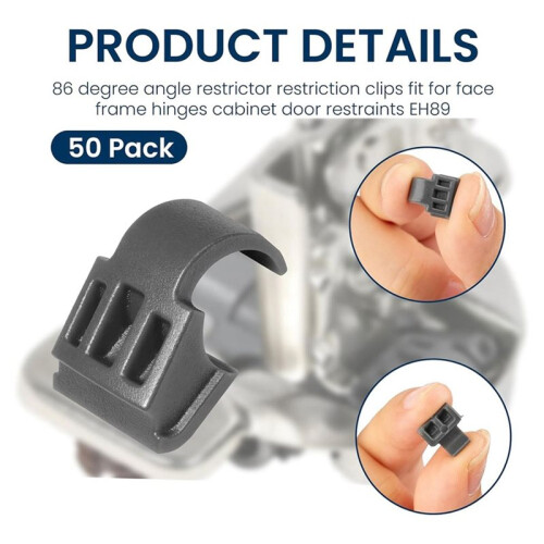 86 Degree Angle Restrictor Restriction Clips (50Pack), Hinge Restrictors for Cabinet Doors, for Face Frame Hinges 1
