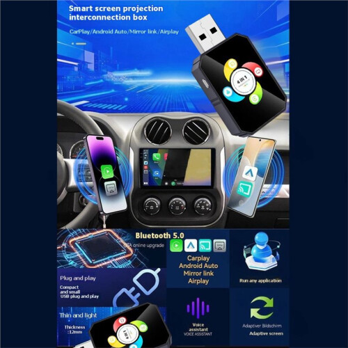 Adaptateur CarPlay Sans Fil 4 en 1 Airplay/Mirror Link/Android Auto/Carplay Commutable Android/IOS de Câblé à Sans Fil B 2