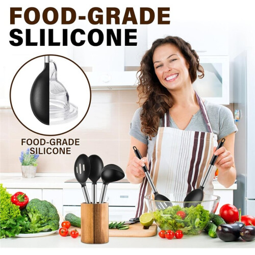 3 Pcs Silicone Cooking Spoon Set, Kitchen Utensils Include Solid & Slotted Spoon, Soup Ladle, Non-Scratch Spoons
