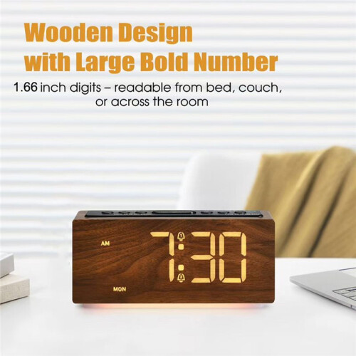 Modern Minimalist Digital LED Wooden Clock - Adjustable Brightness Nightlight & Snooze Function for Bedroom Decor 1