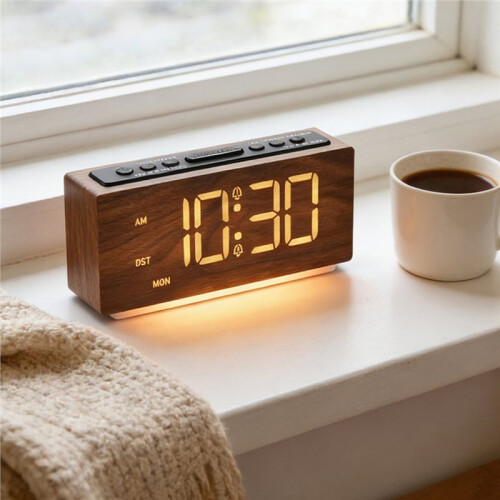 Modern Minimalist Digital LED Wooden Clock - Adjustable Brightness Nightlight & Snooze Function for Bedroom Decor 2