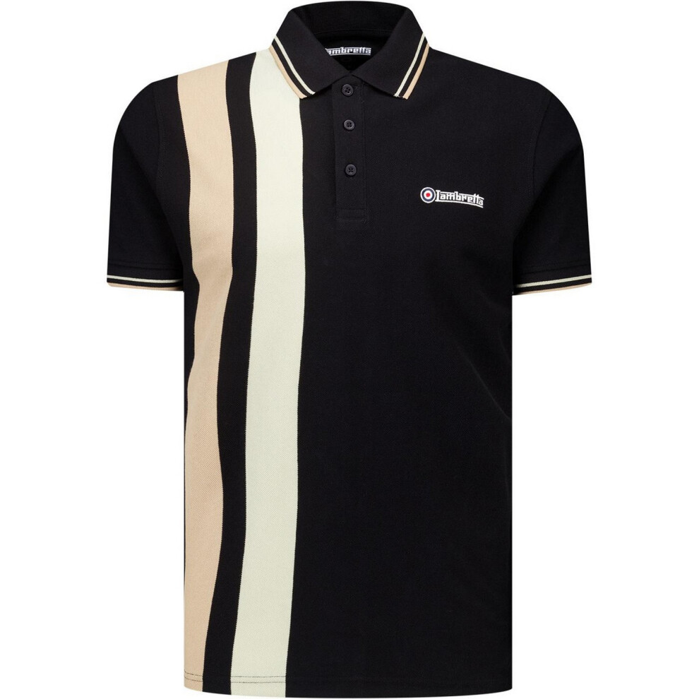 Lambretta (3Xl, Black/Nomad) Mens Classic Yarn Dyed Stripe Logo Polo Shirt