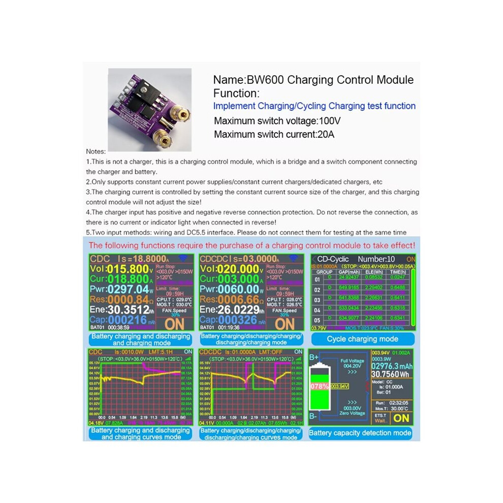 Bw600 Electronic Load Meter Charging Control Module Adapter Max 100V 20A Supports Dc5.5 Interface And Wiring 4711122547989