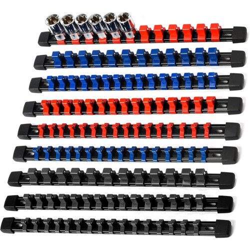 Organizador de Soquetes, Ferramentas de Acionamento - Suporte de Soquete, Kit de Suportes 9 Peças, 1/4 Polegadas X 48 Clipes, 3/8 Polegadas X 45 1