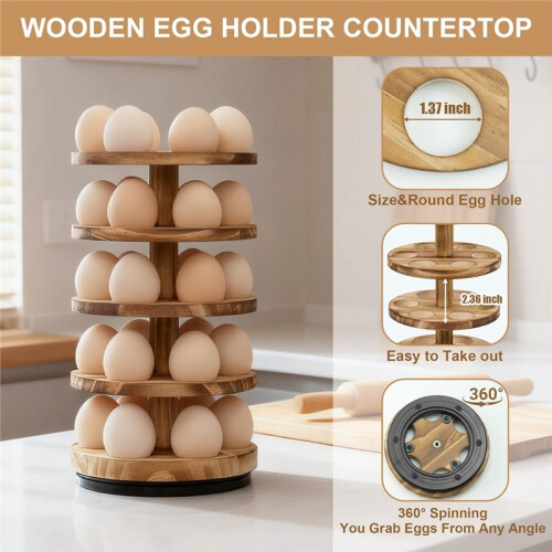Wooden Egg Rack Countertop, 5-Layer Rotating Pine Egg Rack, Stackable Egg Rack, Disassembled and Shipped Egg Rack 2