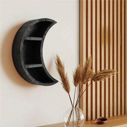 Prateleira de Madeira em Formato de Lua Crescente com Cristais para Decoração de Parede, Estilo Rústico, Ideal para Sala de Estar e Quarto.