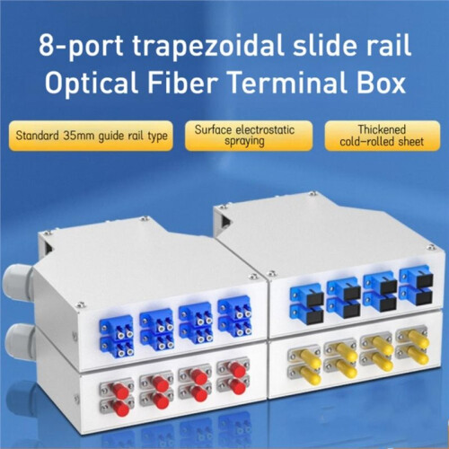 Fiber Distribution Box 8 Port DIN Rail Mount 2 Cable Entries Suitable for 8 Core SC Duplex Adapter 1