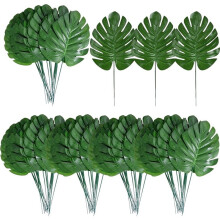 100 Foglie Artificiali di Monstera, Finte Foglie Tropicali di Palma con Stelo per Decorazioni da Tavolo A Tema Giungla, Hawaiano e Dinosauri